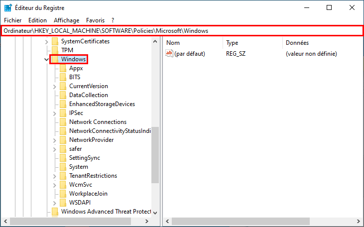Windows 10 chemin Éditeur du Registre créer pour bloquer la mise à niveau vers Windows 11