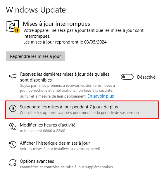 prolonger suspendre les mises à jour pour bloquer la mise à niveau vers Windows 11