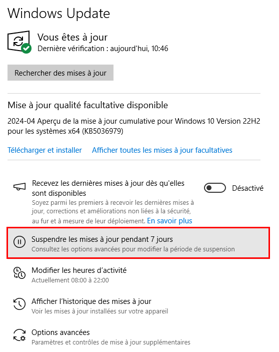 Suspendre les mises à jour pour bloquer la mise à niveau vers Windows 11