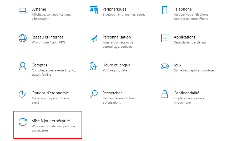 Mise à jour et sécurité Windows 10