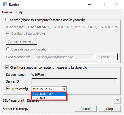 Auto config client choix ip Barrier contrôler plusieurs PC Windows