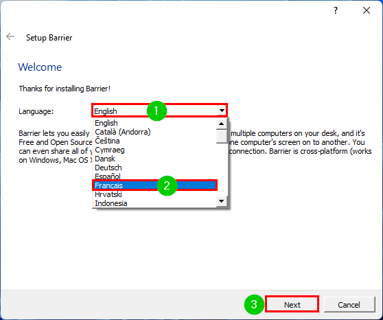 Barrier choix langue installation contrôler PC Windows