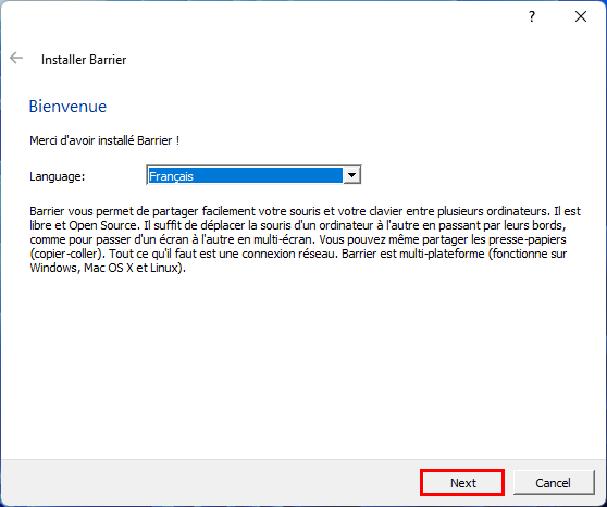 Installer langue Barrier contrôler plusieurs PC windows clavier souris