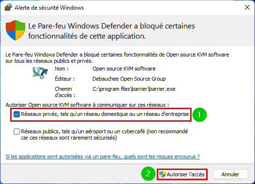 Barrier alerte sécurité autoriser accès réseau privé