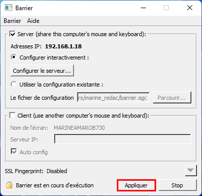 Barrier Appliquer nouvelle connexion contrôler PC Windows