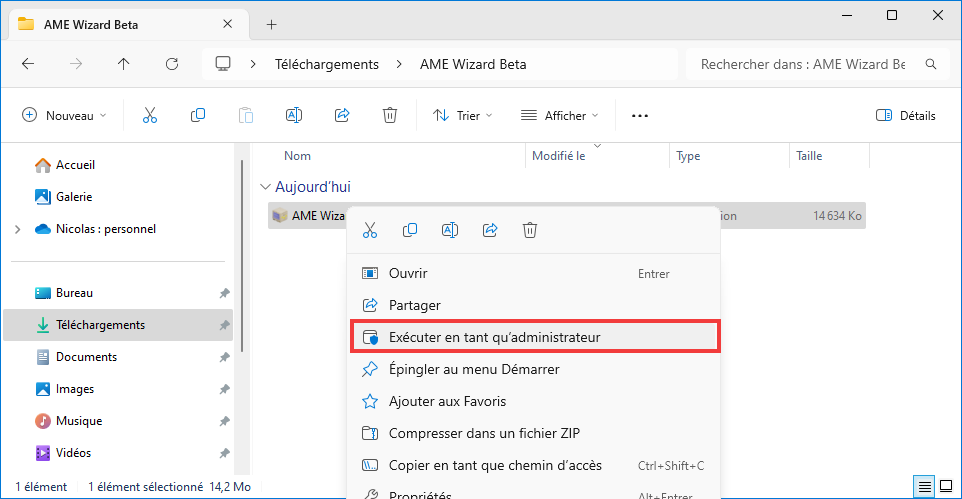 Exécuter AME Wizard en tant qu'administrateur
