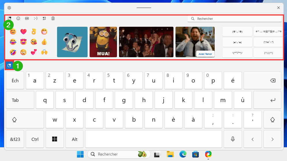 Ouvrir la liste des émojis depuis le clavier tactile (clavier virtuel) de Windows 11