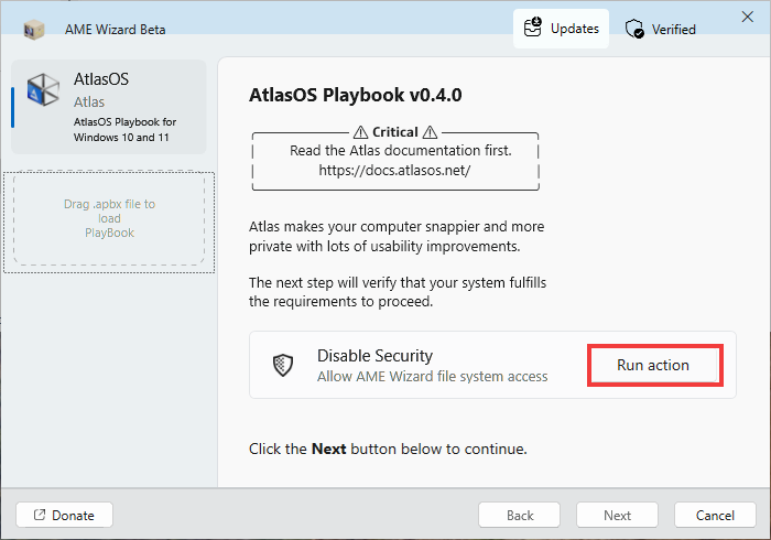 Cliquer sur Run action pour désactiver la sécurité Windows
