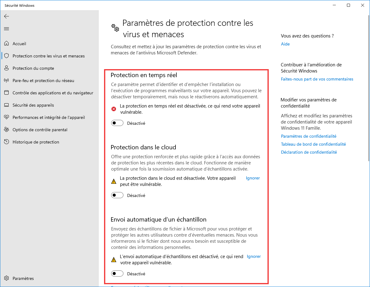 Désactiver toutes les protections de Windows Security