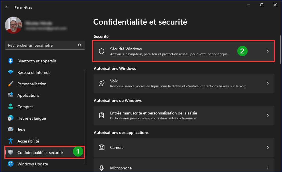 Ouvrir Paramètres, Confidentialité et sécurité