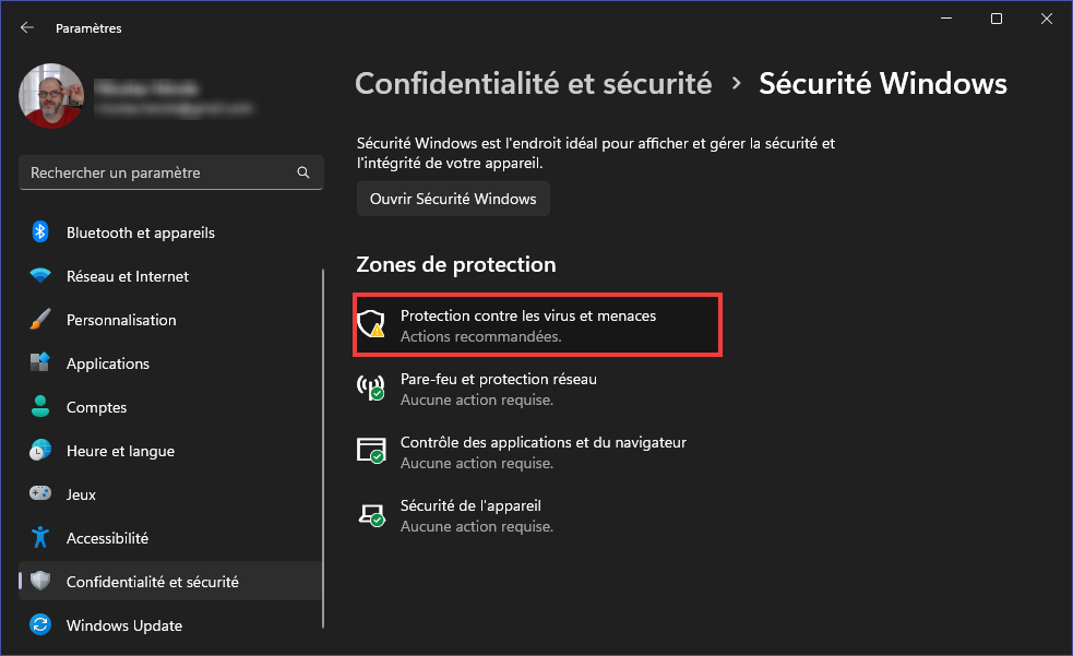 Ouvrir Protection contre les virus et menaces