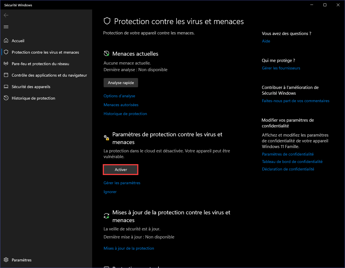 Activer protection contre les virus et les menaces