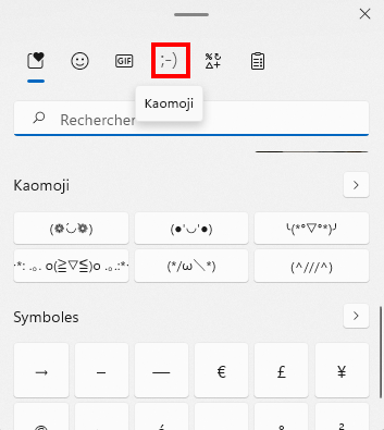 Comment ouvrir le clavier des émojis sur Windows 11 - Section Kaomojis sur le clavier d'émojis