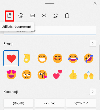 Comment ouvrir le clavier des émojis sur Windows 11 - Section Utilisés récemment sur le clavier d'émojis