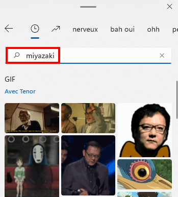 Comment ouvrir le clavier des émojis sur Windows 11 - Faire une recherche de GIFs animés sur Miyazaki