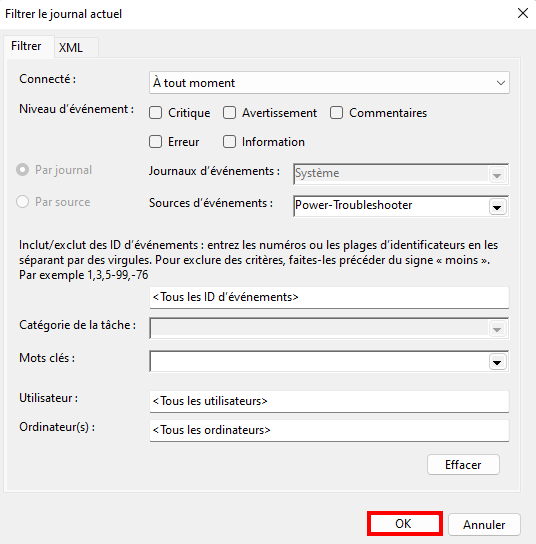 Pourquoi mon PC sort de veille tout seul - Appliquer le filtre dans le journal actuel
