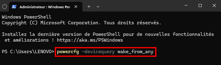 Vérifier les périphériques capables de sortir Windows de la veille - Taper une commande dans le Terminal Windows pour vérifier les périphériques capables de réveiller votre PC
