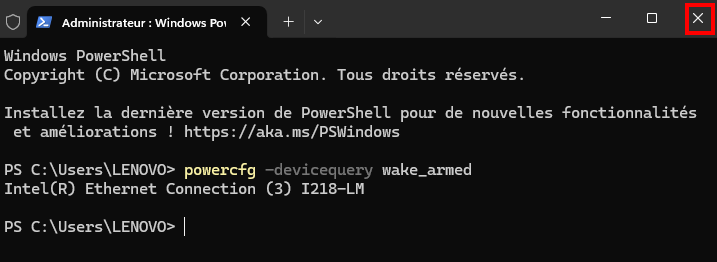 Vérifier les périphériques capables de sortir Windows de la veille - Fermer le Terminal Windows