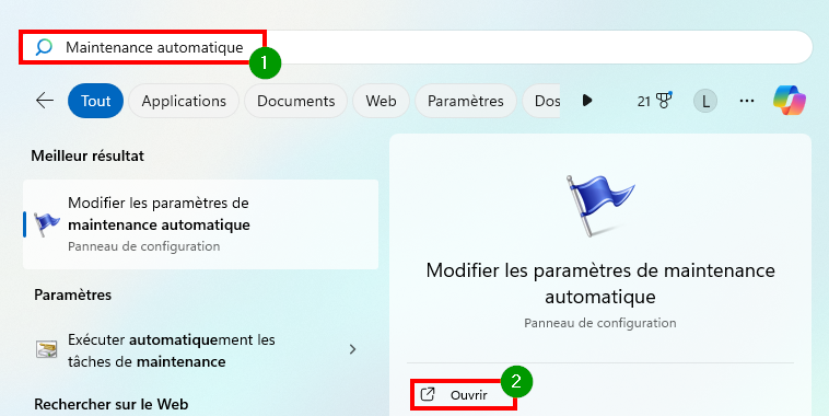 Pourquoi mon PC sort de veille tout seul - Ouvrir les paramètres de la Maintenance Automatique