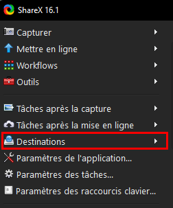 Faire une capture d’écran avec ShareX - Accéder à l'option Destinations