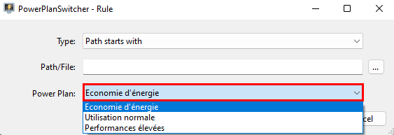 PowerPlanSwitcher - Appliquer cette règle à un mode d'alimentation