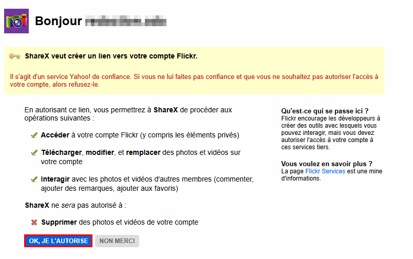 Faire une capture d’écran avec ShareX - Autoriser le logiciel ShareX à créer un lien avec Flickr