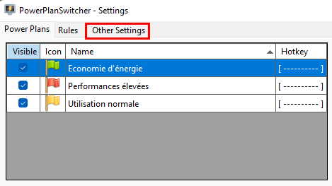 PowerPlanSwitcher - Basculer vers l'onglet Other Settings