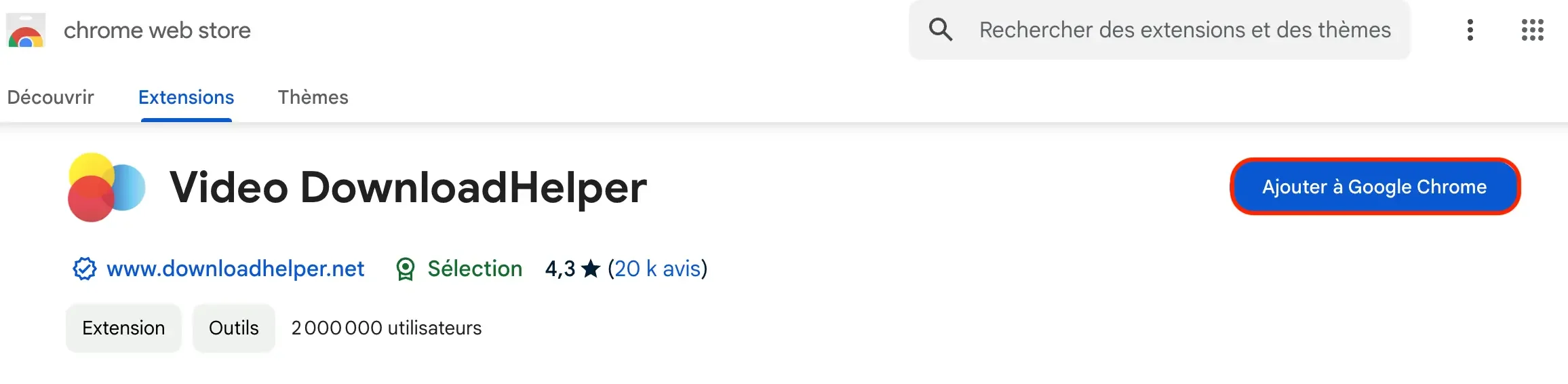 Cliquer sur le bouton "Ajouter à Google Chrome" pour installer l'extension séléctionnée.