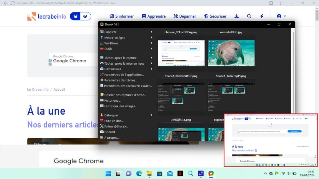 Faire une capture d’écran avec ShareX - La capture d'écran s'affiche en bas à droite de votre écran