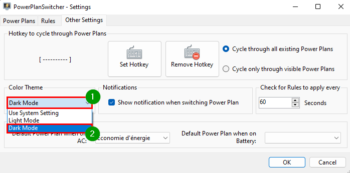 PowerPlanSwitcher - Définir le thème du logiciel