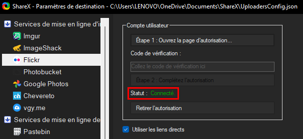 Faire une capture d’écran avec ShareX - ShareX est connecté avec Flickr
