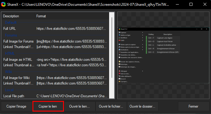 Faire une capture d’écran avec ShareX - Copier le lien de l'URL de l'image