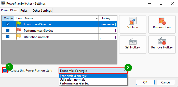 PowerPlanSwitcher - Définir le mode d'alimentation par défaut