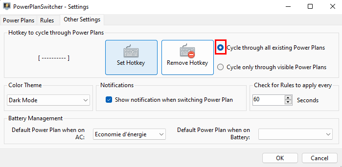 PowerPlanSwitcher - Définir les plans d'alimentation concernés