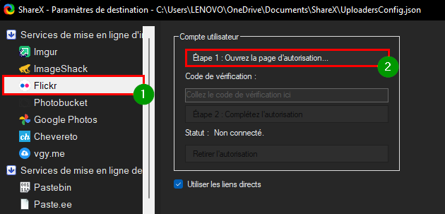 Faire une capture d’écran avec ShareX - Ouvrir la page d'autorisation pour lier les 2 comptes