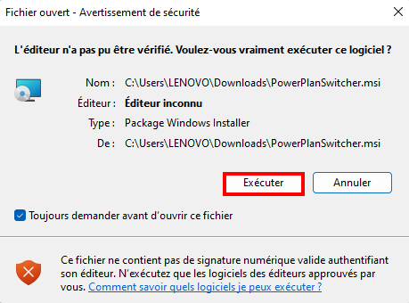 PowerPlanSwitcher - Lancer l'exécution de l'utilitaire