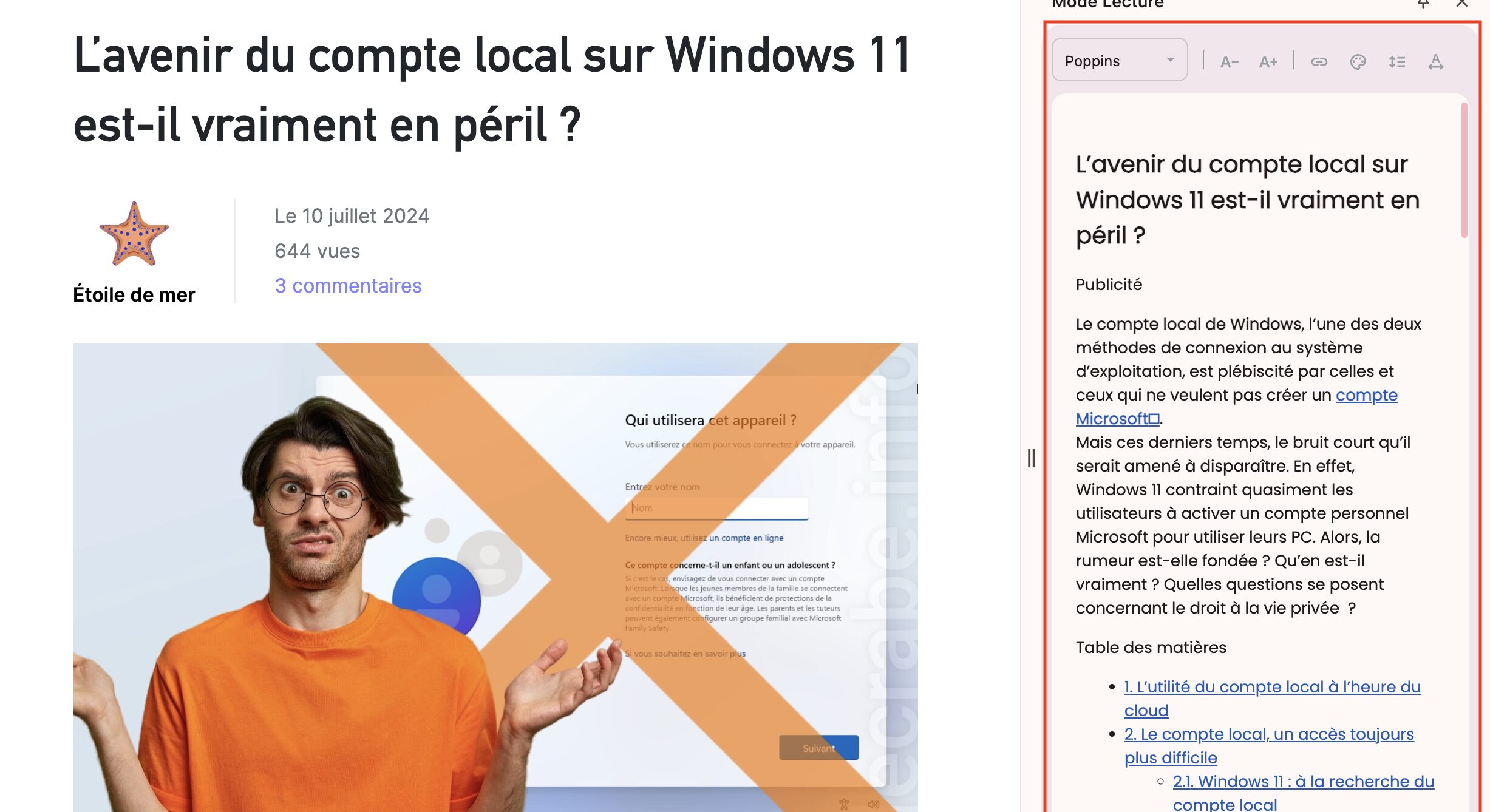 Affichage du panneau latéral du mode lecture propose par le flag "Reading Mode"