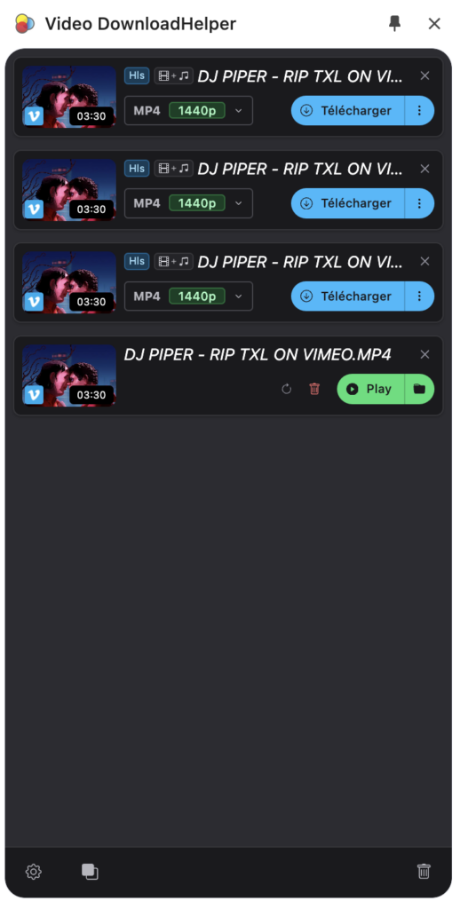 Interface de l'extension video downloadHelper.