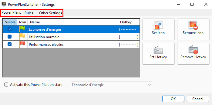 PowerPlanSwitcher - Les 3 onglets du logiciel
