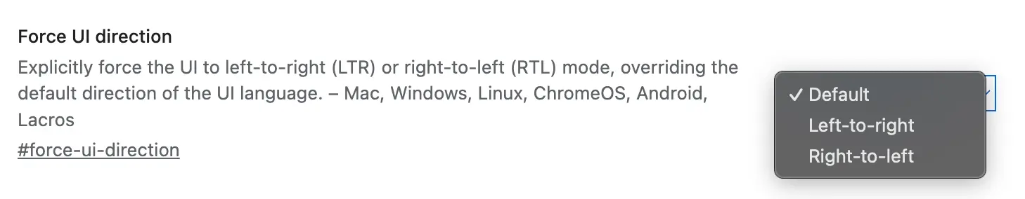 Exemple d'options d'installation du Chrome flag "Force UI direction" : "from left to right" ou "from right to left"
