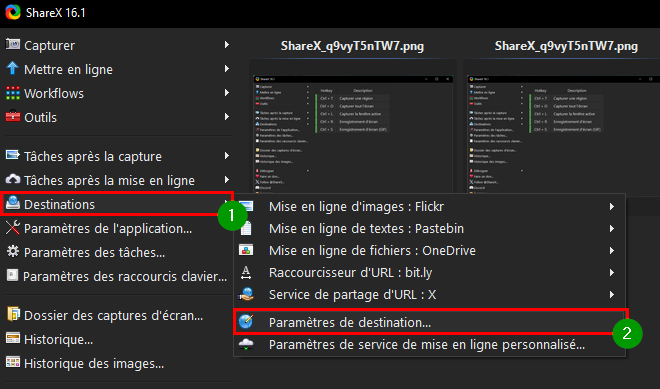 Faire une capture d’écran avec ShareX - Ouvrir les paramètres de destination