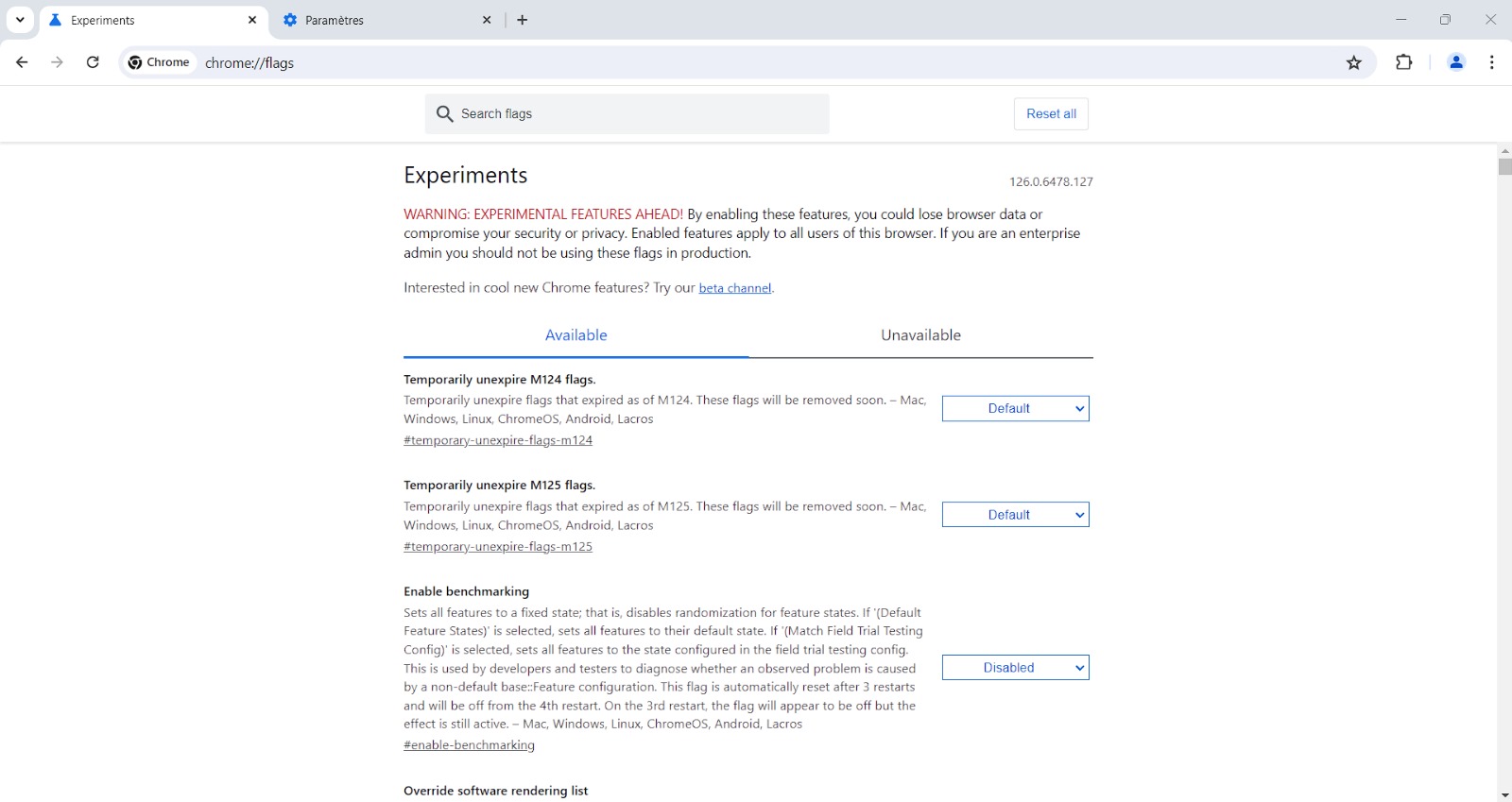 La page web Chrome Flags