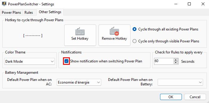 PowerPlanSwitcher - Recevoir une notification en cas de changement de plan d'alimentation