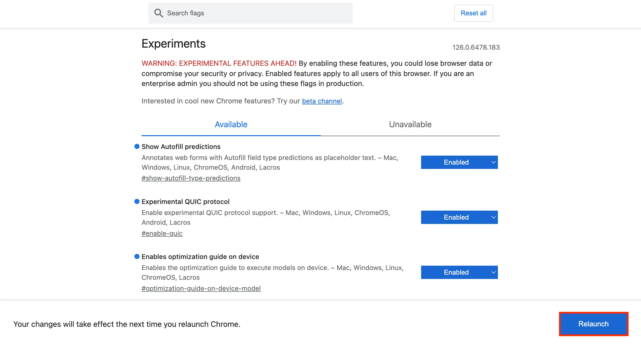 Cliquez sur le bouton "relaunch" de Chrome pour terminer l'installation de votre flag.