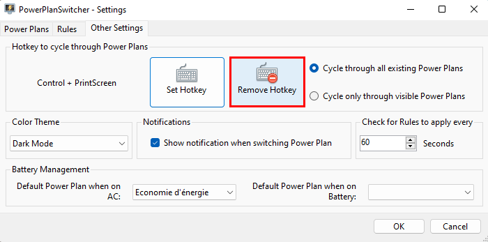 PowerPlanSwitcher - Supprimer un raccourci