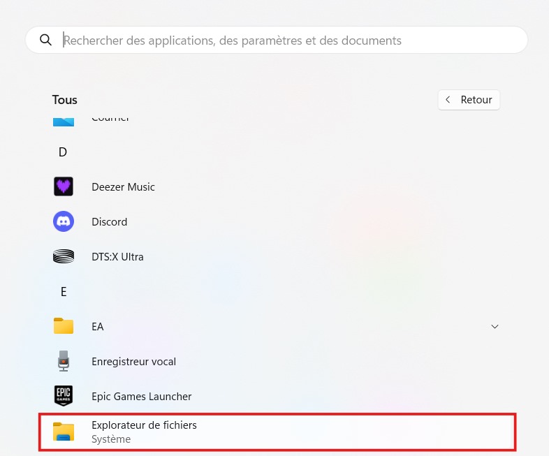 Application Explorateur de fichiers dans la liste des applications WIndows.