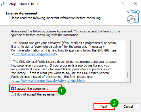 Faire une capture d’écran avec ShareX - Accepter la licence du logiciel