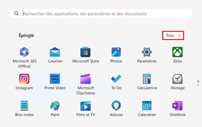 Bouton "Tous" de la liste des applications Windows.