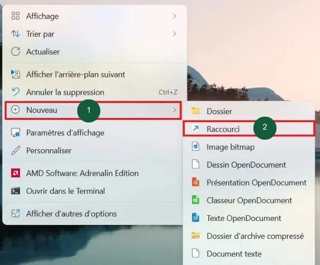 Menu contextuel créer un raccourci Windows.