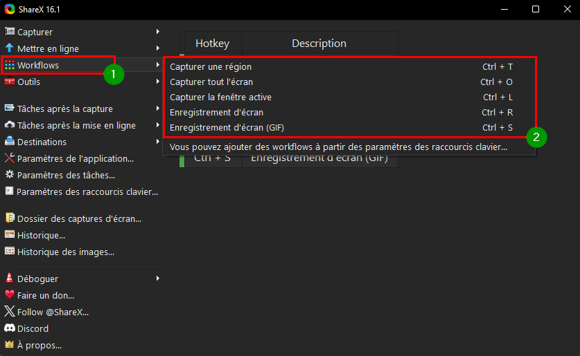 Faire une capture d’écran avec ShareX - L'option Workflows